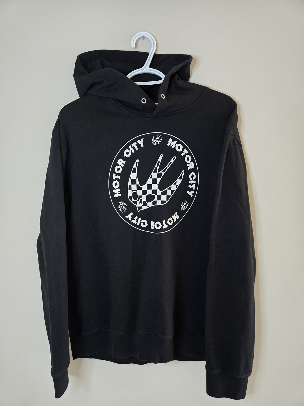 McQ by Alexander McQueen Black Hoodie, White Motor City Logo, Large + New